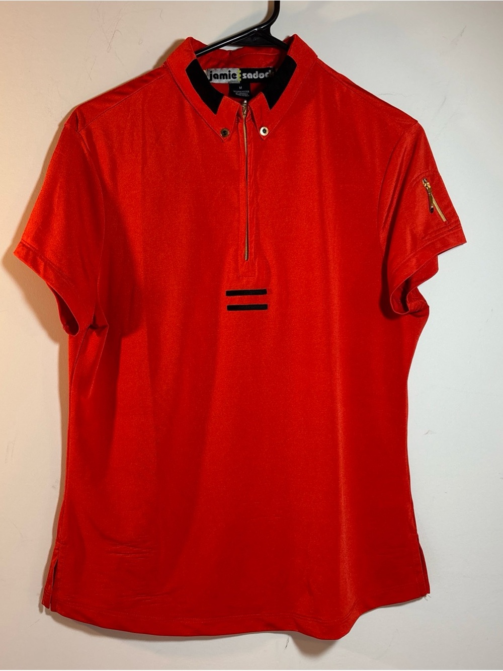 jamie sadock bright red short-sleeve polo with black accents. 428